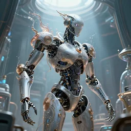 by par olofsson and tristan eaton, visually stunning, cinematic, ultra realistic, hyper realism, 1 2 k, epic, octane render, unreal engine, vfx, maya, the essence of art is passion : fresh air, scion of the swarm : in the lab, robotic : machina, super intricate ornaments : the fluidity of creativity