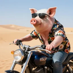 a pig in sunglasses wearing an aloha shirt blowing in the wind while driving a motorcycle through the desert