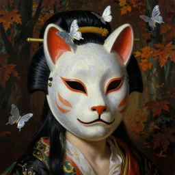 baroque neoclassicist close - up portrait of a being wearing a crazy geisha animal mask, in front of a dark autumn forest. silver butterflies. highly detailed science fiction painting by norman rockwell, frank frazetta, and syd mead. rich colors, high contrast, gloomy atmosphere. trending on artstation and behance.
