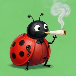 an artwork depicting a cartoon ladybug smoking a joint, green background