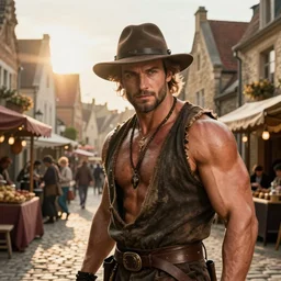 close - up portrait of doutzen kroes as muscled thief hanging around a cobbled medieval shopping street, colored market stand, golden hour, sun - rays beams, epic composition, 2 0 0 mm focal length, donato giancola, tim hildebrandt, wayne barlow, bruce pennington, larry elmore