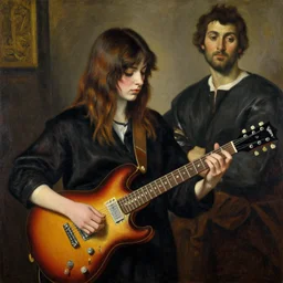 Anna Calvi playing electric guitar, oil painting by Giovanni Boldini and Caravaggio, masterpiece