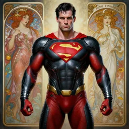portrait of crossfit bodybuilder sprinter superman!, futuristic detailed ornate cyberpunk costume!, red and black costume!!!, pale skin!, no logo!!!, painted art by tsuyoshi nagano, greg rutkowski, artgerm, alphonse mucha, spike painting