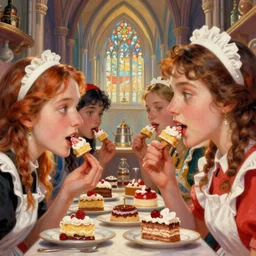 closeup face profile portrait of gothic maidens eating cakes, nicoletta ceccoli, mark ryden, hyper realistic, artstation, illustration, digital paint, matte paint, vivid colors, bright, cheerful, detailed and intricate cathedral kitchen environment