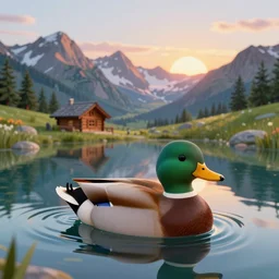 a colorful fantasy mallard floating on an alpine lake in the mountains, cascadia, cabin, mountains, sunset