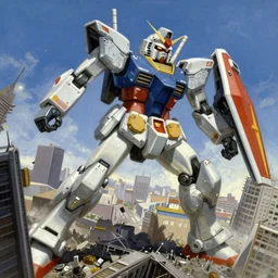 a beautiful painting of a large battle mech crashing through a building while engaging a gundam by moebius