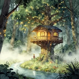 treehouse city in the forest with fairy lights, light ground fog, river, detailed fantasy watercolor comic style, subtle colors, by alan lee and john howe