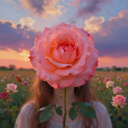 large rose in front of face, girl frontal in a flower field, surreal photography, sunrise dramatic light, impressionist painting, colorful clouds, digital painting, artstation, simon stalenhag