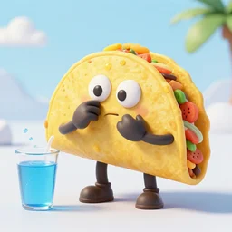 anthropomorphic taco getting sick on his vacation after forgetting not to drink the local water, 3 d render
