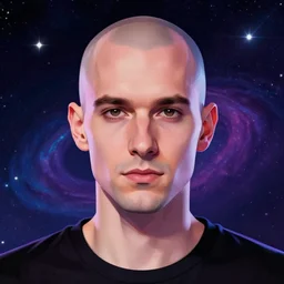 portrait of a bald man, synthwave, universe background, symmetrical, artstation