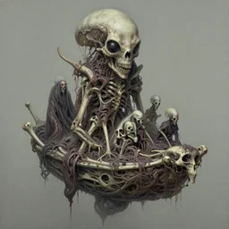 airbrush & oils of 4 character, tiered disgusting, floating sewer raft, made of alien bones, dystopian, by wayne d barlowe, h r giger, simon bisley, alex nino, boris vallejo, enric torres, hyper realism, narrative light, muted colors, epic, hyper detailed, awe inspiring, award winning horror, - n 4