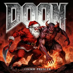 doom cover featuring santa slaying demons, by jimmy presler, artstation