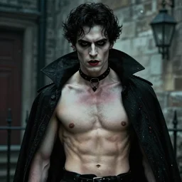 frank dillane hunting vampires in london, victorian era, gothic, horror, realistic, intricate, detailed, scary, beautiful, trending on artstation, masterpiece, sexy, seductive, handsome, cool, badass, shirtless!!!!!