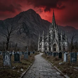 wide angle image, hellish abandoned background landscape, massive mountains, winding stone path leading to a cemetery gravesite, vlad the impaler, ornate cathedral with detailed features, dead trees, stormy red sky, horror, unsettling, by gaston bussiere, craig mullins, j. c. ley