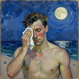 fauvist painting of a man wiping sweat off his brow on a moonlit beach at night, with a black dog,