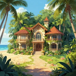 jungle mansion by greg rutkowski. day beach by dan mumford. artist collaboration