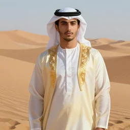 full figure beautiful young fit arabian man, dressed with expensive clothes, luminous scene, by greg rutkowski and alphonse mucha, d & d character, gradient white to gold, in front of a dune desert background, highly detailed portrait, digital painting, artstation, concept art, smooth, sharp focus illustration, artstation hq