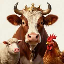 a hyper detailed full face portrait of joaquin phoenix as the king of animals, cow, pig, sheep, chicken, horror, by anna podedworna, on artstation