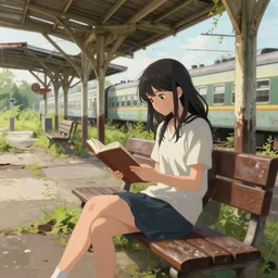 a beautiful girl sitting on a bench reading at an abandoned overgrown train station, old train station, establishing shot, detailed painting. wlop, art by rossdraws, art by ross tran, art by melmadedooks, pixiv, anime movie cell, anime screenshot,