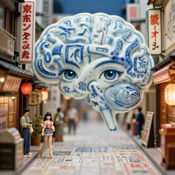 anamorphic, fuji gfx, 2 0 0 mm ; beautiful typographic film still of wired kanji brain map scene in style of 1 9 9 0 s frontiers in miniature porcelain retrofuturism deep emboss macro design architectural art studio photography magazine kanji banner seinen manga extreme closeup portrait edition, real - life tokyo alley porcelain izakaya sign, highly detailed, eye to eye contact, pointe poses, tilt shift scene background, 8 k