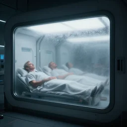 epic professional digital art of upright cryogenic chambers with frosted window and dim outline of sleeping patients within, hamish frater, jim burns, wayne barlowe, unreal engine 6 maya render, octane, hd, 4 k