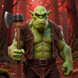 thrall green orc, portrait, lumberjack outfit, axe, angry, big eyebrows, redwood forest background, highly detailed, digital matte painting, by midjourney