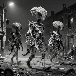 terrible surreal alien beasts made of torn rags on an untidy wire frame walks abandoned Brooklyn at night, black and white, a little fog, moody lighting, Contemporary art, by Affandi