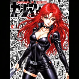 highly detailed professional 9 0 s seinen mecha manga cover art of goth woman with red hair, red eyes, leather clothes, black makeup. chunibyo. horror action manga cover art cover art. detailed and intricate environment. drawn by ilya kuvshinov, painted by zdzislaw beksinski, inks by tsutomu nihei. pixiv