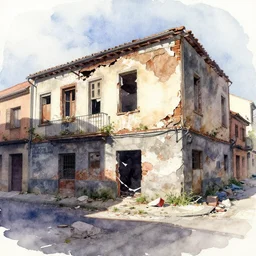 watercolor painting of madrid, dilapidated, run down, trashy ambient lighting and shadows