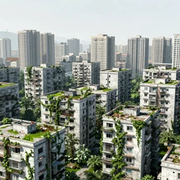 a sprawling city landscape in an abandoned east asian country, vines and weeds growing from the apartment buildings, plants sprouting from the concrete, intricate, elegant, highly detailed, digital painting, artstation, concept art, smooth, sharp focus, illustration, art by artgerm and greg rutkowski and alphonse mucha