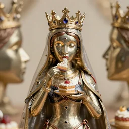closeup face profile portrait of tin toy catherine of alexandria as a fairytale princess wearing a crown eating cakes, bikini, depth of field, zeiss lens, detailed, symmetrical, centered, fashion photoshoot, by nicoletta ceccoli, mark ryden, lostfish, breathtaking, 8 k resolution, extremely detailed, beautiful, establishing shot, artistic, hyperrealistic, octane render