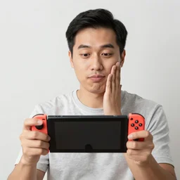 man doing a soy face and pointing at a nintendo switch