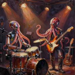 a beautiful painting by gerald brom of a couple of octopus robots playing drums and telecaster guitar in an electronic concert, concert light, dark mood, warm lights