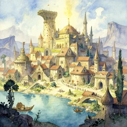 medieval scifi town on an oasis. watercolor by moebius and clamp, backlighting.