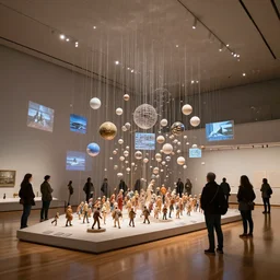 photo of an exhibit museum room, people looking at an complex installation art depicting the full history of humanity, with mockups and screens and floating spheres, national art museum, beautiful lights, ethereal, rule of thirds, megalophobia