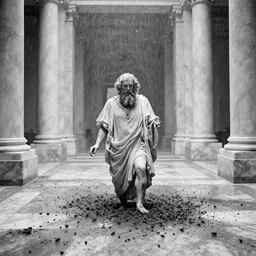 movie still of socrates frozen in a gigantic marble hall flooded with bees, cinestill 8 0 0 t black and white, by andrei tarkovsky, by piranesi very heavy grain, high quality, high detail, ultra wide lens, sharpness, flares, anamorphic, foggy, mud, rain