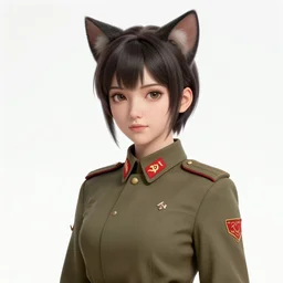 digital artwork of adult female anime character with cat ears wearing soviet era uniform, wearing a tshirt with a face of karl marx on it, in the style of krenz cushart