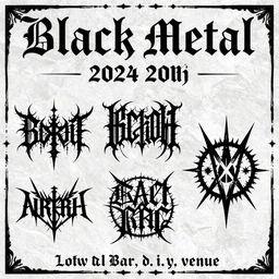 black metal show flyer, black metal logos, unreadable, 3 band lineup, local bar, d. i. y. venue
