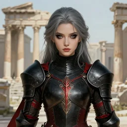 portrait grey hair knights of zodiac girl + smoky eyes, matt black / little red color armor, ( ( in ruined agora of athens background ) ), ssci - fi and fantasy, intricate and very very beautiful and elegant, highly detailed, digital painting, artstation, concept art, frostbite engine, smooth and sharp focus, ( ( illustration, art by tian zi and wlop and alphonse mucha ) )