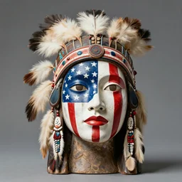 a beautiful portrait sculpture designed by Sandra Chevrier,  tribal head dress, American stars and stripes on face