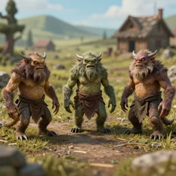 \'mimic taverns\' monsters with clawed feet, far away landscape shot, tilt-shifted, high quality art, 4k