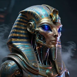 futuristic cyberpunk alien portrait, ancient egypt, mechanical internals, smoke, exposed wire sparks, hyper realistic shiny textures, 8 k, intricate details, fluorescent glow, science fiction space horror, unreal engine, dark, heavy shading, depth of field