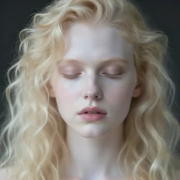 out of focus photorealistic portrait of a beautiful pale blond young man by sarah moon, angular face, long fluffy curly golden blond hair, very blurry, translucent white skin, closed eyes, foggy, closeup