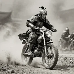 old vintage  photo of  Chinese ancient warriors   on the steam punk one wheels,  extreme sports photography , dynamic photography, high speed,dirt and grawel flying in the spot,  lens flares, dust in the air, moody lighting, intricate, elegant, highly detailed, centered, smooth, sharp focus,  sports photography, old photo, black and white, sepia, cinematic lighting, cinematic angle,  national geographic