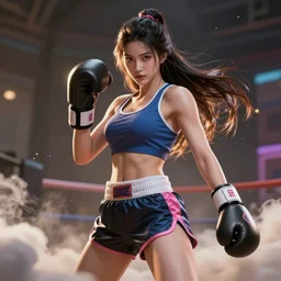 a beautiful female goddess of the boxing character, character is in all its glory, character is in her natural relaxed pose, rim lights, particles and dust in the air, fancy clouds, highly detailed professional photo, dynamic lights, particles are flying, depth of field, trending on artstation, professional illustration, hyper realistic, vray caustics, super detailed, colorful accents, cinematic shot