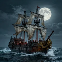 zombie pirate ship, full moon, rough seas