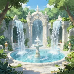 A bathhouse with waterfalls in a beautiful elven city made of white marble, anime, lush trees, fountain, a fantasy digital painting by Greg Rutkowski and James Gurney, trending on Artstation, highly detailed