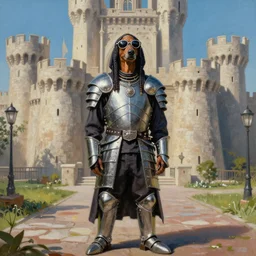 Painting of Snoop dog in armor standing in front of a castle in style of Charlie Bowater
