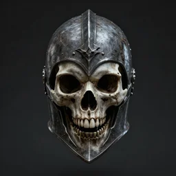 grimdark space knight skull helmet, terrifying, grimdark, photorealistic, front view, symmetrical, artstation, art by brom