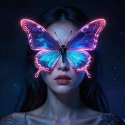 a portrait of a beautiful woman with a neon butterfly covering her face head art by james paick, and shaddy safadi, ominous, cosmic horror, trending on artstation, ultra detailed, hyper realistic 4 k